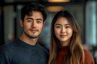 Young Asian couple smiling together in modern indoor setting, casual sweaters, warm lighting, relationship lifestyle portrait for dating apps.
