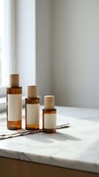 Amber glass bottles with wooden caps on marble surface in natural light for skincare cosmetics packaging and spa wellness products.
