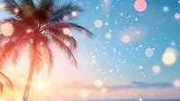 Dreamy tropical sunset with palm tree silhouette against pink and blue sky with glowing bokeh lights and sparkles creating magical summer atmosphere.