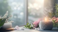Serene spa composition with burning black candle, healing crystals and delicate flowers on windowsill against soft natural light background. Wellness concept.