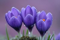Purple crocus flowers with water droplets on petals against soft lavender background, showcasing spring awakening in garden setting.
