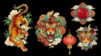 Ornate tiger designs with decorative Asian elements, bamboo, lanterns, and jeweled embellishments isolated on transparent background. Ready for t-shirt design, clipart, stickers, sublimation, and print-on-demand products.