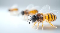 Detailed macro shot of honey bee with striped yellow and black body, translucent wings against white background, selective focus on front bee with blurred specimens behind.