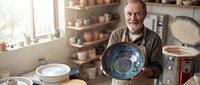 Senior male artisan with gray beard and mustache displaying hand-painted ceramic bowl in pottery studio workshop with shelves of clay vessels and natural window light.