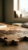 Wooden jigsaw puzzle pieces on table with warm natural lighting from window creating cozy atmosphere for problem solving and teamwork concepts.