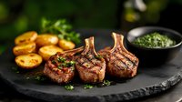Grilled lamb chops with herbs and roasted potatoes served on black slate plate, garnished with fresh parsley and pesto sauce, restaurant quality food styling.