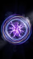 Electric purple energy sphere with glowing lightning bolts and circular light trails on dark background for futuristic technology designs.