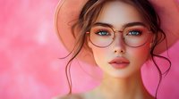 Young Asian woman wearing round glasses and beige hat against pink background, soft dreamy lighting creates romantic mood. Natural makeup emphasizes blue eyes and pink lips.