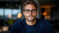 Confident male professional with glasses and stubble wearing navy sweater smiles warmly in modern office setting with soft bokeh lighting background.