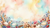 Watercolor cooking and baking ingredients border with utensils, berries, and spices on cream background. Suitable for recipe blogs, cookbooks, kitchen decor, and culinary designs.