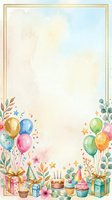 Watercolor birthday party frame with balloons, gifts, cake and cupcakes on pastel background for celebration invitations and greeting cards.
