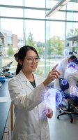 Asian female scientist in white lab coat working with holographic virus models in modern research laboratory for medical technology innovation.