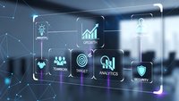 Business strategy concept with glowing icons showing growth, teamwork, analytics and security connected by network lines in modern office environment.
