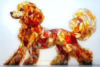 Geometric mosaic poodle dog in warm orange and red tones with stained glass effect, artistic low poly style illustration on light background.