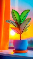 Vibrant houseplant with large green leaves in blue pot on colorful gradient background with warm lighting for modern interior design and home decor concepts.