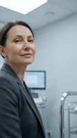 Professional middle-aged Caucasian businesswoman in gray suit smiling confidently in modern office environment with medical equipment background.