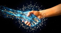 Human hand reaching toward glowing digital network connections with blue light particles and data streams on black background for tech concepts.