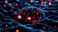 Glowing digital brain with AI text and red particles on dark background, representing artificial intelligence and machine learning technology advancement.