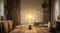 Glowing light bulb with creative doodle sketches on rustic wooden table in cozy kitchen interior representing innovation and bright ideas for business.