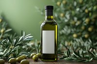 Olive oil bottle with blank label on wooden surface against blurred olive tree background with fresh olives and leaves, natural food photography.
