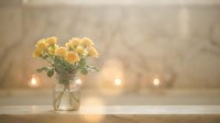 Yellow roses in glass vase on white shelf with warm bokeh lights creating cozy romantic atmosphere for home decor and interior design projects.