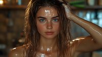 Young Caucasian woman with wet hair and glowing skin in dramatic lighting poses sensually against dark background, expressing confidence and natural beauty.