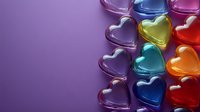 Colorful glass heart shapes arranged on purple background with copy space. Glossy transparent hearts in rainbow colors create romantic composition.