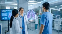 Medical team discussing holographic lung anatomy in modern hospital setting for healthcare technology and pulmonary medicine education.