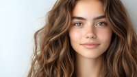 Young Caucasian woman with wavy brown hair and natural makeup looking at camera with confident expression against neutral background for beauty campaigns.
