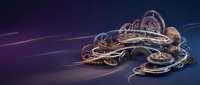 Futuristic metallic mechanical octopus with glowing elements and tentacles on dark gradient background for sci-fi and technology concepts.