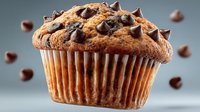Chocolate chip muffin with golden brown texture and scattered chocolate chips on neutral background for bakery and food design projects.
