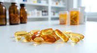 Various golden vitamin capsules and supplements scattered on white surface in modern pharmacy laboratory setting for health and wellness concepts.