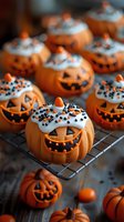 Halloween pumpkin cupcakes with white frosting and orange sprinkles on cooling rack for festive autumn celebration baking and party treats.