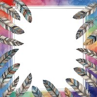 Colorful feather frame with watercolor gradient background and white center space, isolated on transparent background, ready for design use on cards, invitations, posters, and digital projects.