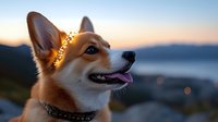 Happy corgi dog with decorative lights on head during golden hour sunset, pet portrait with warm bokeh background for holiday greeting cards.