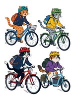 Anthropomorphic cats riding bicycles wearing helmets and casual outfits, isolated on white background. Four cartoon feline characters in different colored bikes for children's design, clipart, and educational materials.
