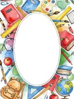 Watercolor school supplies frame with oval white space for text. Educational border with books, pencils, apple, globe, backpack and stationery items.