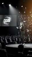 Female professional speaker presenting at corporate conference event on stage with audience and future technology backdrop.