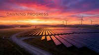 Aerial view of solar panels and wind turbines at sunset, showcasing renewable energy infrastructure and sustainable power generation technology for clean energy projects.
