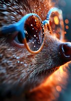Extreme macro shot of cat eye with water drops and bokeh light effects creating magical atmosphere. Orange and blue color contrast highlights feline fur details.