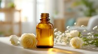Amber glass essential oil bottle with white roses and baby's breath on windowsill, creating serene spa atmosphere in soft natural light.