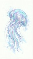 Watercolor jellyfish with flowing tentacles in purple and turquoise hues on light background for marine art and ocean-themed designs.