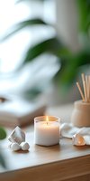 Glowing aromatic candle with healing crystals, white decorative balls and reed diffuser on wooden surface against blurred green plant background for spa wellness.