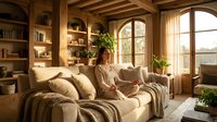 Young woman relaxing on beige sofa in rustic living room with wooden beams, arched windows and warm natural lighting for home comfort lifestyle concepts.