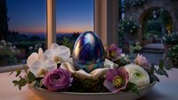 Luxurious blue metallic Easter egg surrounded by fresh white and pink roses, ranunculus, and greenery arranged on elegant table with sunset window view and holiday decorations for seasonal celebration and festive home decor.