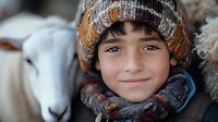 Young boy wearing winter knit hat and scarf smiles warmly at camera with white goat in soft focus background, capturing innocence and rural lifestyle.