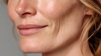 Close-up of woman's lips and lower face with natural makeup and smooth skin against neutral gray background, showcasing minimalist beauty.
