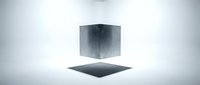Metallic cube floating above dark square shadow on white surface with soft lighting for modern design concepts and abstract presentations.