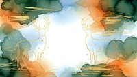 Watercolor deer silhouettes in forest landscape with warm orange and cool blue tones creating dreamy woodland scene for nature-themed designs.