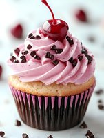 Delicious vanilla cupcake with pink cherry frosting topped with chocolate chips and maraschino cherry for bakery menu and dessert advertising.